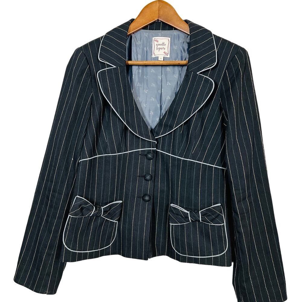 Vintage Nanette Lepore Bow Blazer Pinstripe Triple Button Black - 6